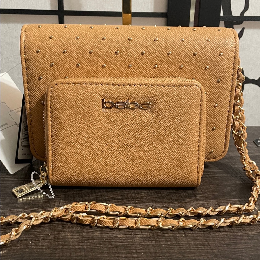 bebe Tan Studded Chain Shoulder Crossbody with Wallet